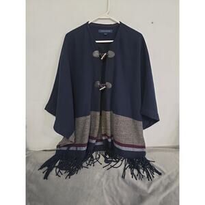 Tommy Hilfiger Women's Striped Fringe-Trim Poncho Sweater Sz M Navy Multi Stripe